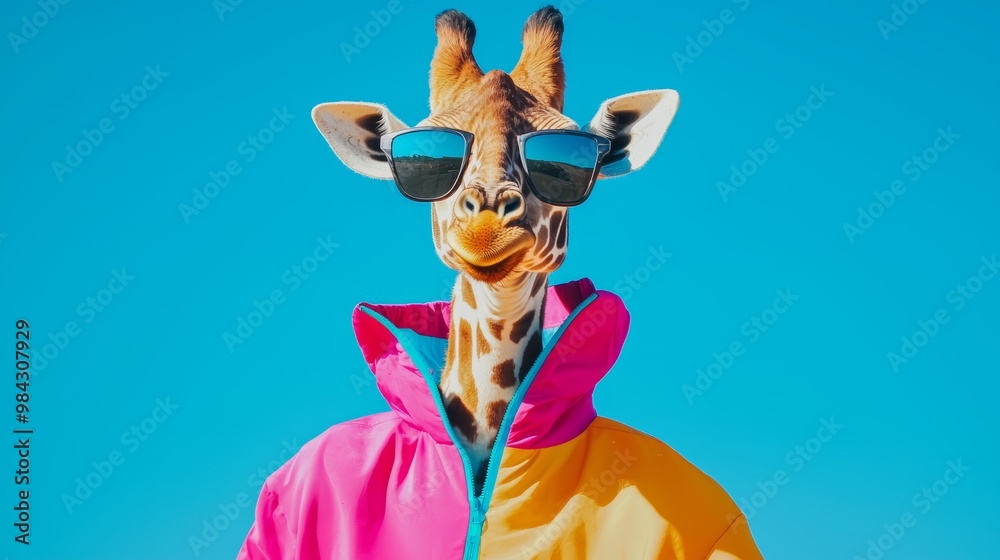 A fashion-forward giraffe enjoying tunes, showcasing its unique sense of style with a colorful jacket. A fashion-forward giraffe enjoying tunes, showcasing its unique sense of style with a colorful jacket.