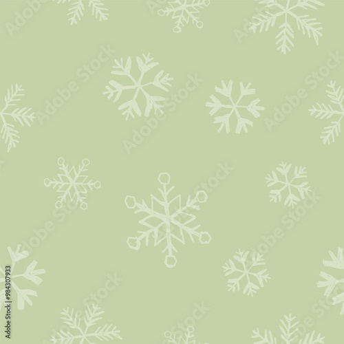 Snowflake hand drawn childish style seamless pattern on light green background graphic illustration. Merry Christmas monochromatic gift wrapping paper template.