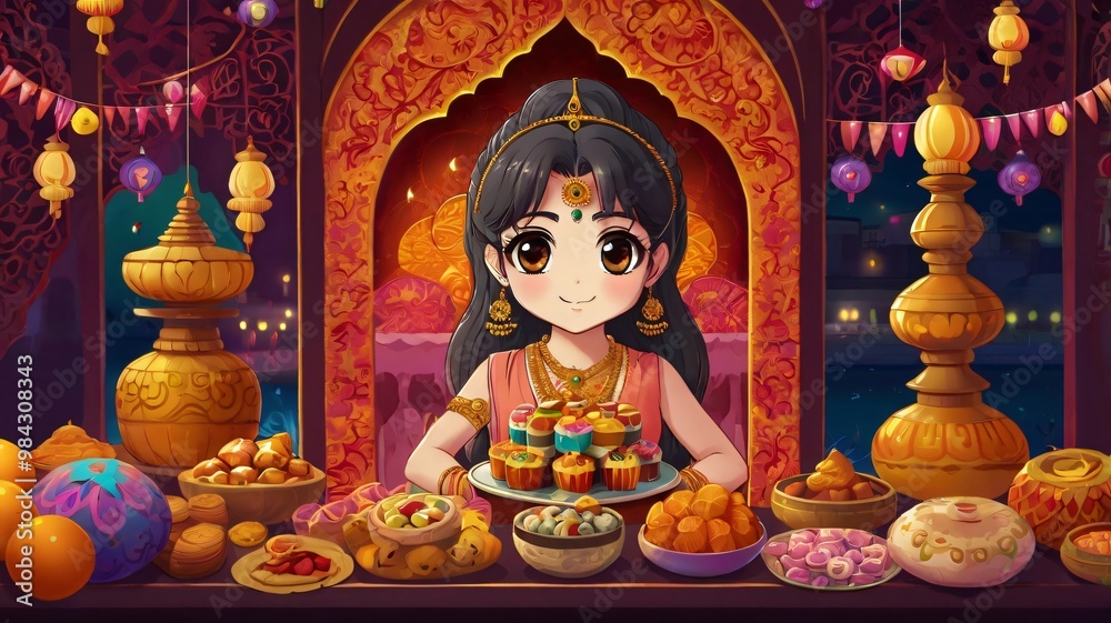 An anime illustration of Diwali sweets, with large, expressive eyes and a kawaii aesthetic. presented in a stylized, cartoonish way. The background can be a vibrant and colorful Indian setting An anime illustration of Diwali sweets, with large, expressive eyes and a kawaii aesthetic. presented in a stylized, cartoonish way. The background can be a vibrant and colorful Indian setting