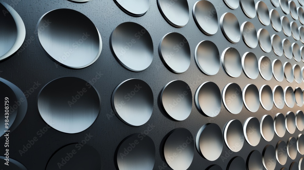 A futuristic metallic wall with a pattern of uniform circular indents, reflecting light softly. A futuristic metallic wall with a pattern of uniform circular indents, reflecting light softly.