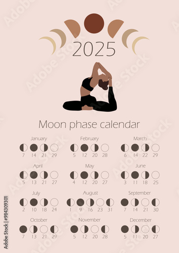Moon phases calendar 2025 with a girl doing yoga. Waning gibbous, Waxing crescent, New moon, Full moon with dates.