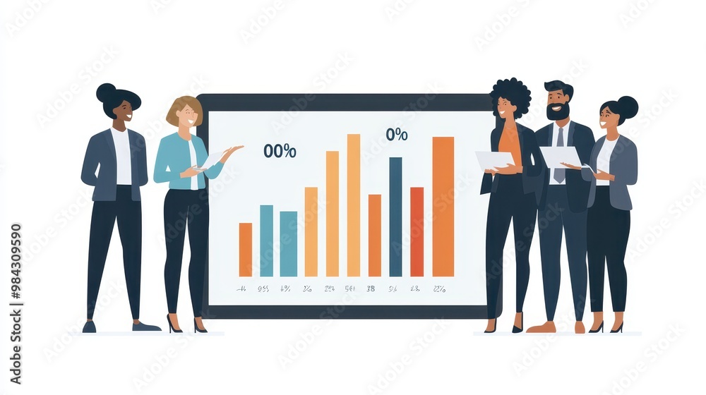 A tablet with a bar graph showing a business's growth from 0 to 100. A diverse group of professionals is gathered around, smiling and discussing. A tablet with a bar graph showing a business's growth from 0 to 100. A diverse group of professionals is gathered around, smiling and discussing.