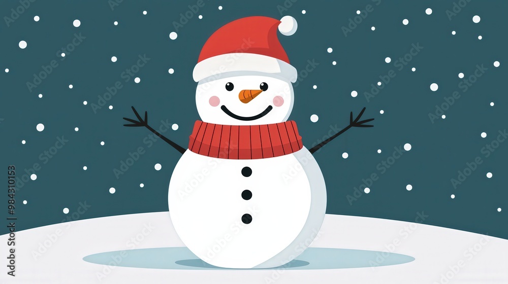 A cheerful snowman wearing a red scarf and hat stands against a snowy background, spreading festive joy, Christmas concept. A cheerful snowman wearing a red scarf and hat stands against a snowy background, spreading festive joy, Christmas concept.