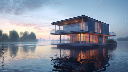 Modern floating house on lake at sunrise. Luxury home, contemporary architecture, waterfront living concept.