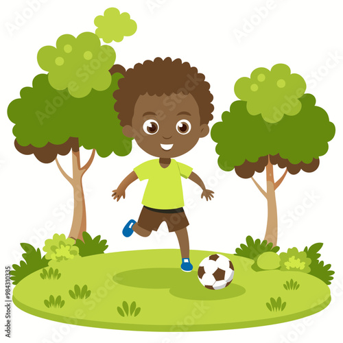 a boy playing soccer in a park with a ball and a tree in the background with the words, soccer, Esaias Boursse, lyco art, future, a storybook illustration