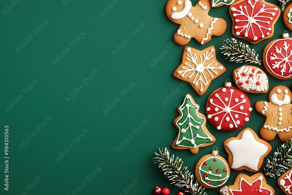 Colorful Christmas cookies shaped like stars, trees, and gingerbread men are arranged artistically on a green background, Christmas concept. Colorful Christmas cookies shaped like stars, trees, and gingerbread men are arranged artistically on a green background, Christmas concept.