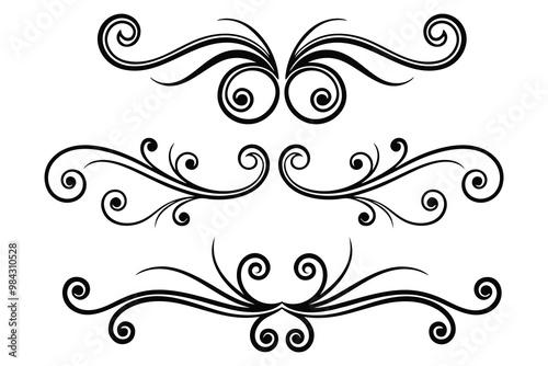 
Vintage Filigree Swirls, calligraphy decorative scroll, Fancy Line Flourishes Swirls Elements, vintage curly line Text Ornaments, curls text divider flourish Swirl, calligraphic curl lines
