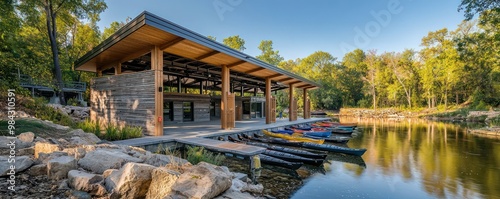 A riverside kayak and canoe launch facility with durable James Hardie siding, providing storage and rental services in a beautifully designed structure that blends with the natural surroundings