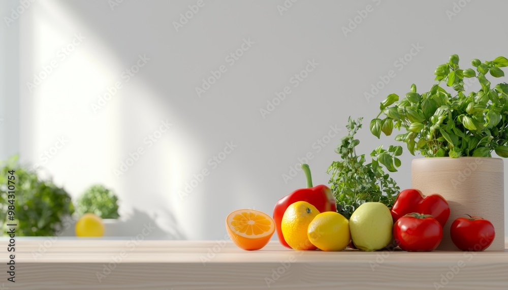 A kitchen space with a sleek wooden table, featuring fresh produce ready to be prepared for a meal. A kitchen space with a sleek wooden table, featuring fresh produce ready to be prepared for a meal.