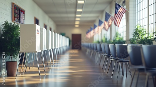 Interior of an empty polling place in the US Row of empty white voting booths with American flags at the ballot station Elections in the USA democracy concept : Generative AI