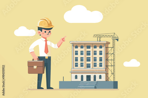 A smart businessman stands at a project site while showing a completed building project