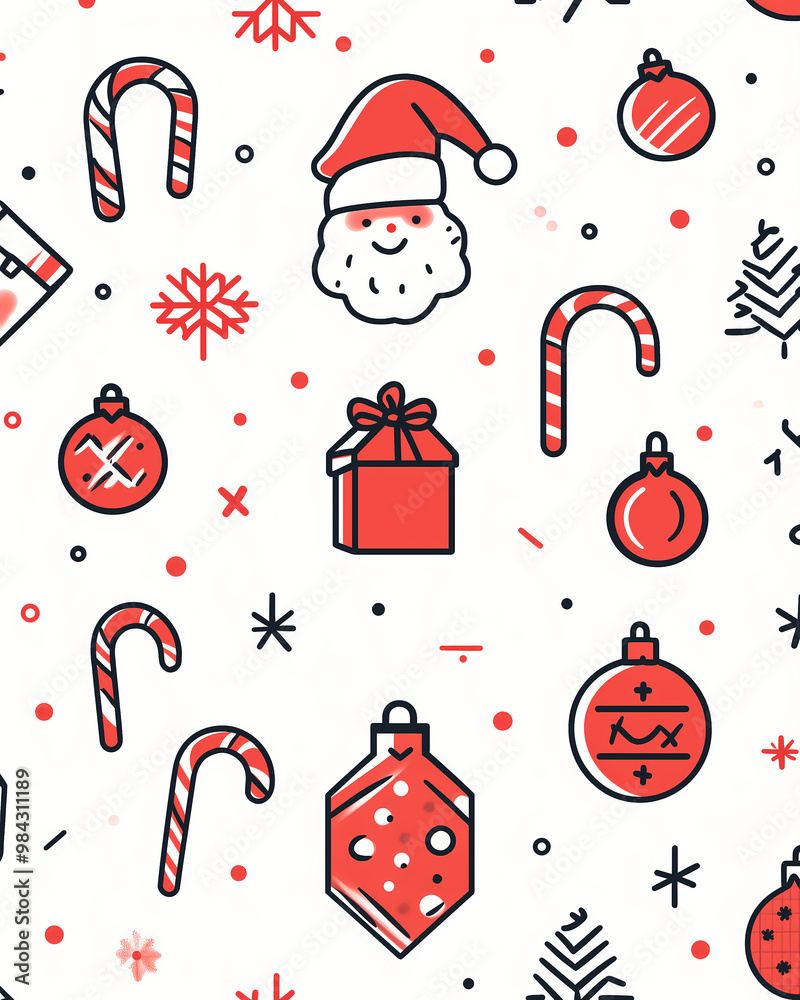 Minimalist Christmas Pattern with Ornaments and Santa Hats Minimalist Christmas Pattern with Ornaments and Santa Hats