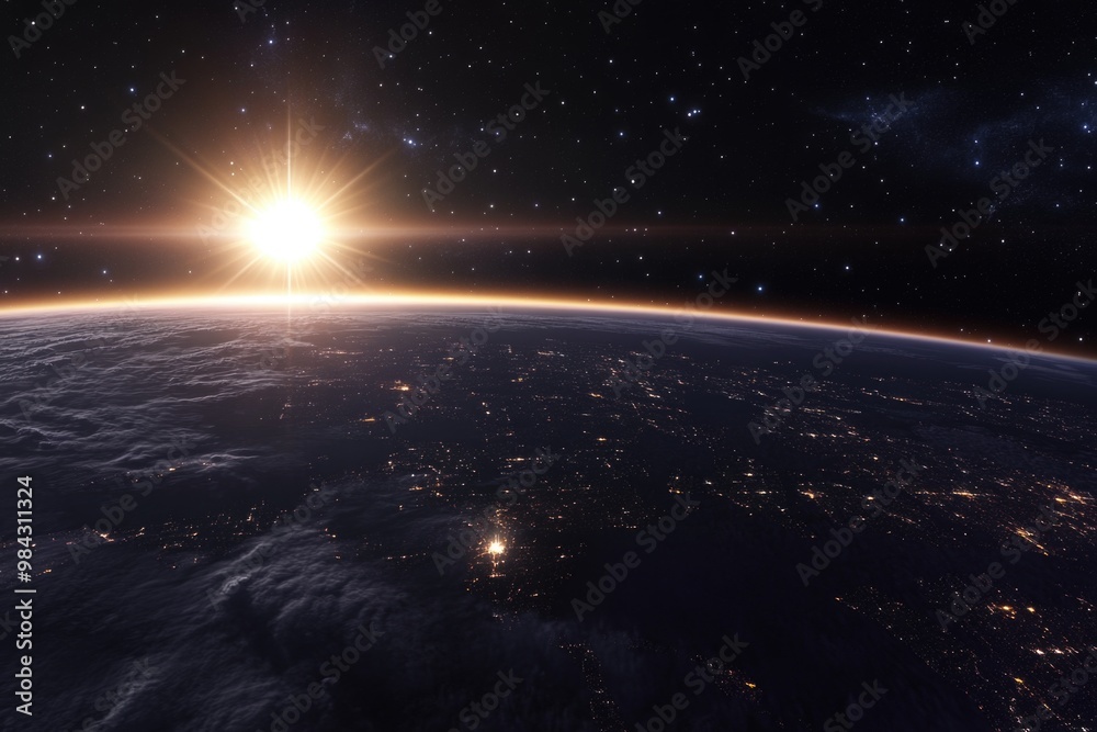 View of planet Earth from space at night, with lights glowing in city View of planet Earth from space at night, with lights glowing in city