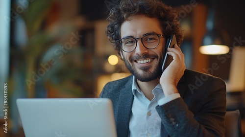 Businessman in a modern office curlyhaired wearing glasses works on a laptop smiling while talking on the phone Surrounded by technology and a smartphone he exudes professionalism and : Generative AI