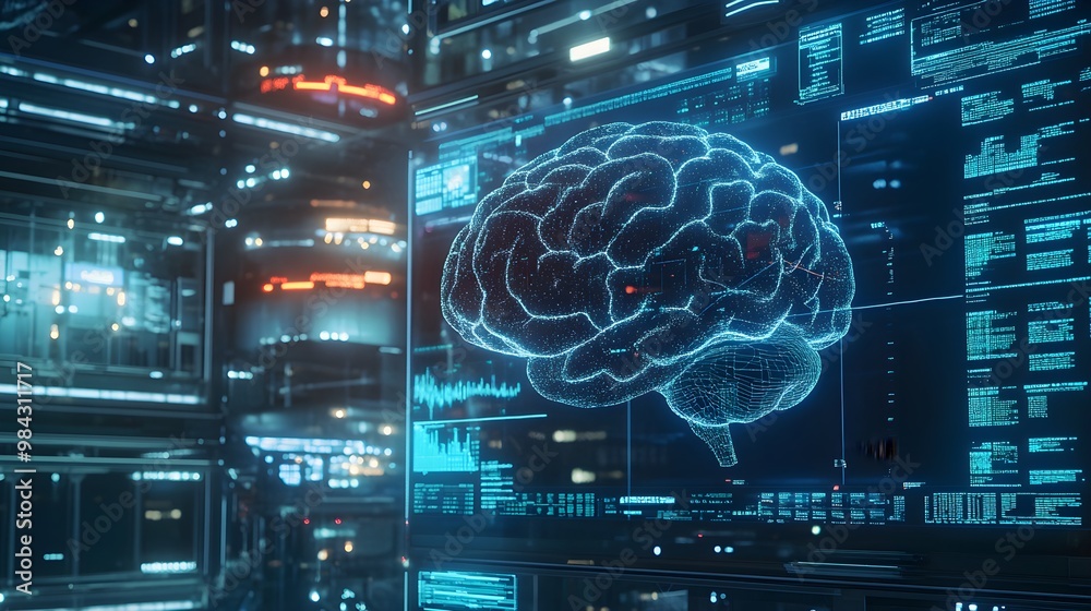 A detailed view of a robotic brain made of interconnected circuit boards, engaged in calculating stock market trends on multiple screens, highlighting the role of machine intelligence in market A detailed view of a robotic brain made of interconnected circuit boards, engaged in calculating stock market trends on multiple screens, highlighting the role of machine intelligence in market