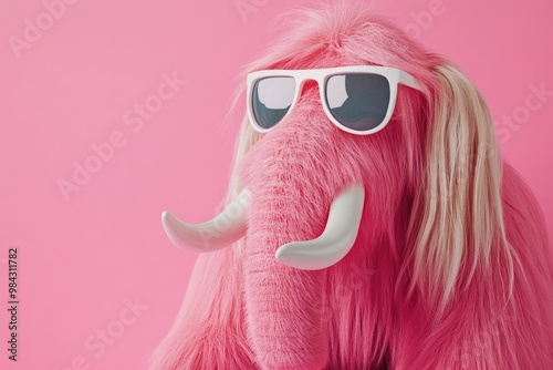 A pink mammoth with long blonde hair and white sunglasses, isolated on a pastel background, studio shot. photo