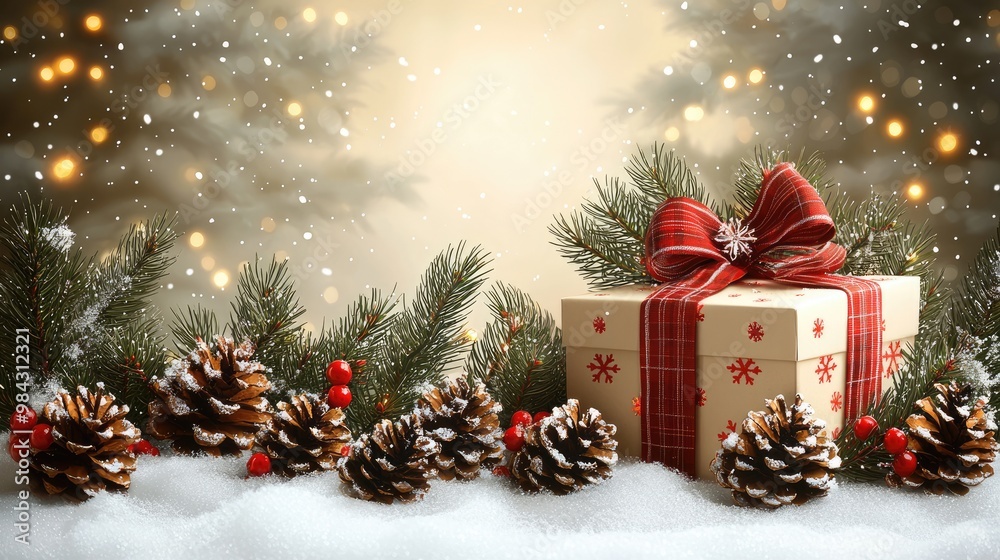 Christmas Gift Box, Fir Branches And Pine cones, On Snow With Christmas Lights Christmas Gift Box, Fir Branches And Pine cones, On Snow With Christmas Lights