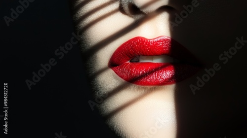 A mysterious woman partially hidden by shadow, her red lips contrasting with the dark ambiance. photo