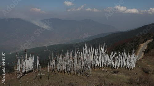 Manidhar prayer flags are raised on behalf of a deceased person,, Paro, Bhutan