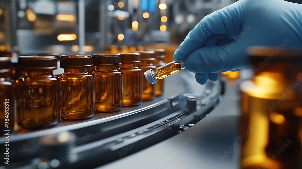 Precision medicine concept Hand glove pointing on VR of FDA approved Food and drugs amber vial bottles medicine administration Quality medcine assurance production factory background : Generative AI Precision medicine concept Hand glove pointing on VR of FDA approved Food and drugs amber vial bottles medicine administration Quality medcine assurance production factory background : Generative AI