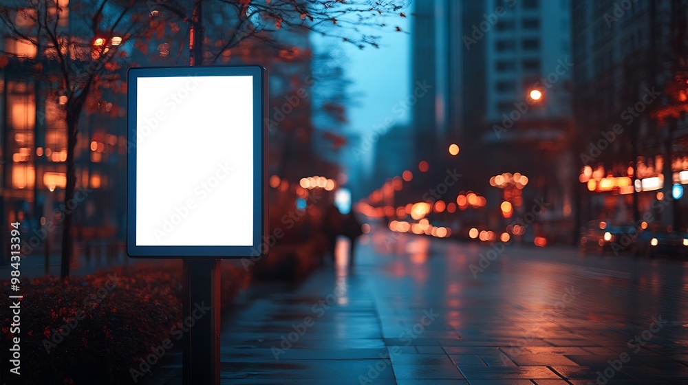 Blank city format LightPoster CityLight banner pylon on the sidewalk mockup Billboard in the city center mock up Blurred background focus on foreground copy space : Generative AI Blank city format LightPoster CityLight banner pylon on the sidewalk mockup Billboard in the city center mock up Blurred background focus on foreground copy space : Generative AI