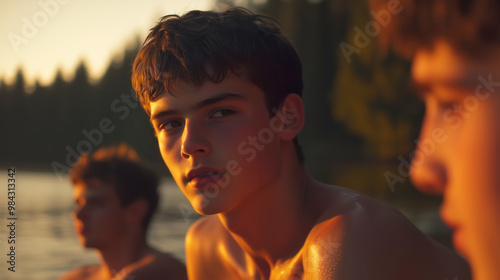 A serene portrait of young men by a lake during sunset. capturing a moment of camaraderie and tranquility in nature.
