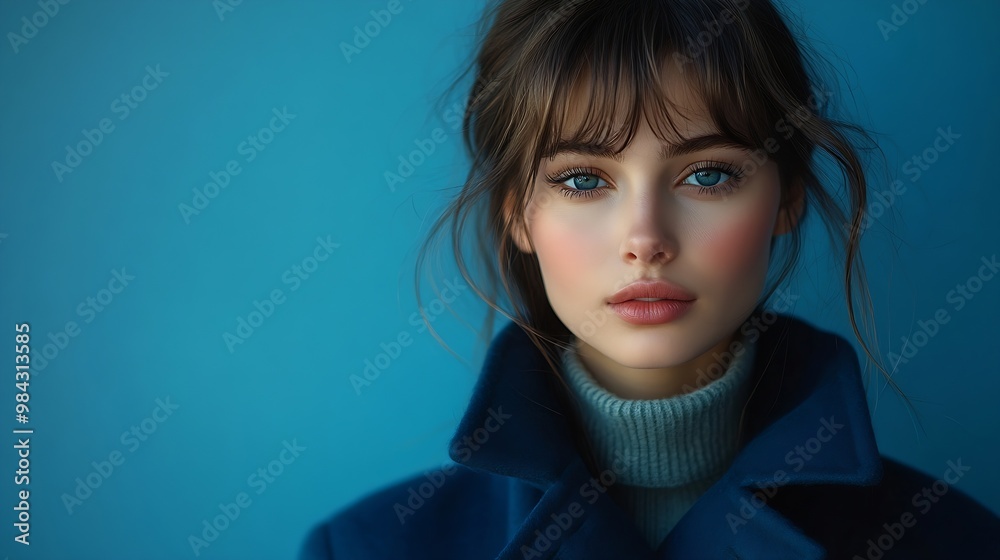 fashion portrait of young elegant woman in blue coat on blue background : Generative AI fashion portrait of young elegant woman in blue coat on blue background : Generative AI