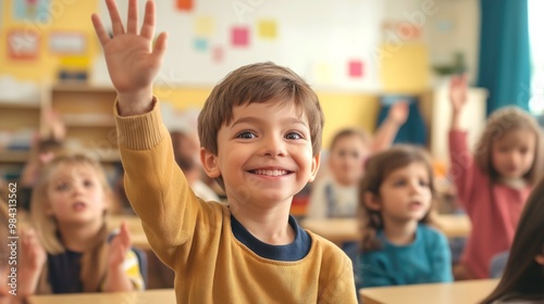 Cheerful diverse primary school children students in modern light classroom with one hand up to asnwer teacher's question photo