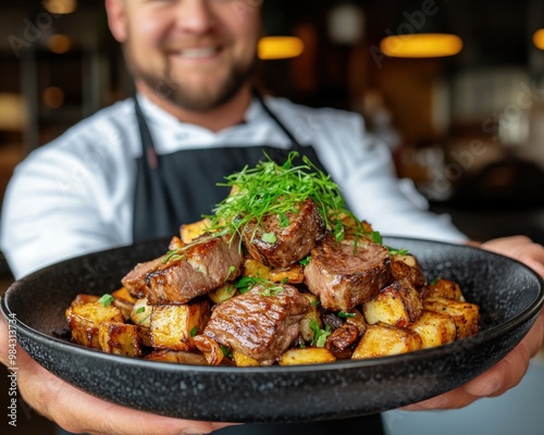 Fototapeta Naklejka Na Ścianę i Meble -  Delicious Gourmet Steak and Potato Dish Presented with Vibrant Colors and Clean Lines, Trendy Food Photography Capturing Culinary Excellence