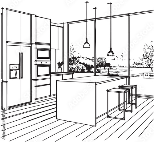 Line sketch drawing of the interior kitchen