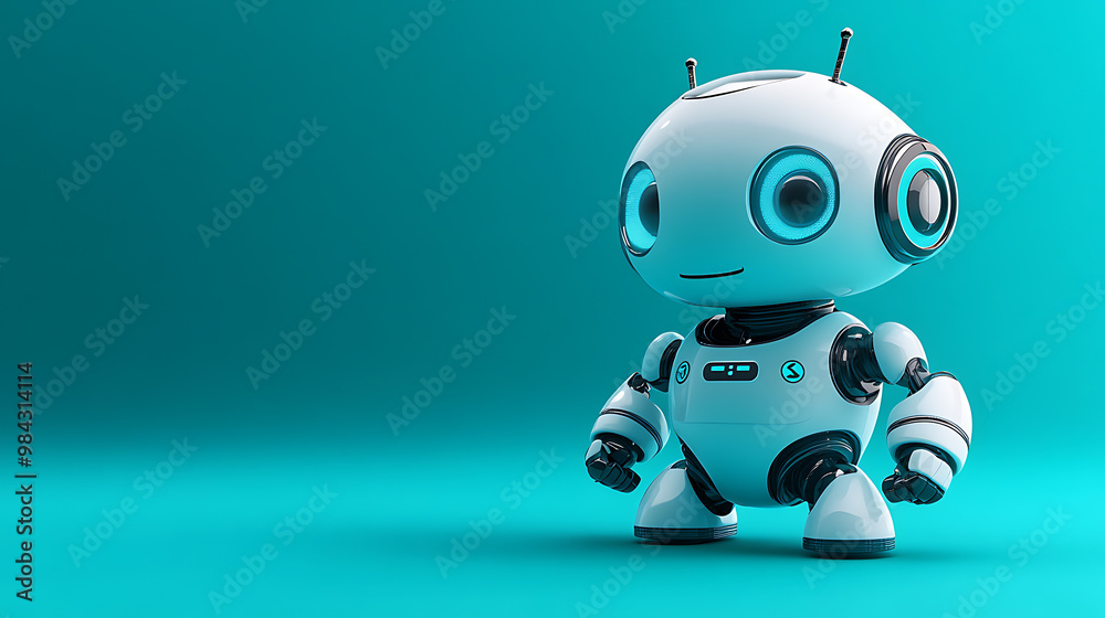 A friendly, white robot with blue eyes stands on a turquoise background. A friendly, white robot with blue eyes stands on a turquoise background.