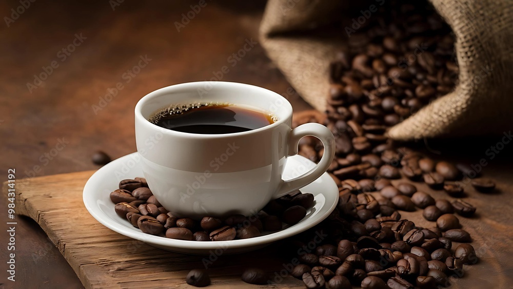 cup of coffee and coffee beans isolated on wooden background cup of coffee and coffee beans isolated on wooden background