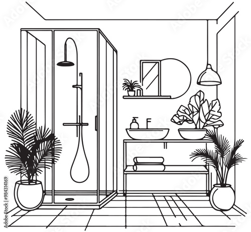 Sketch bathroom interior with closet. Interior design outline drawing modern home or hotel room