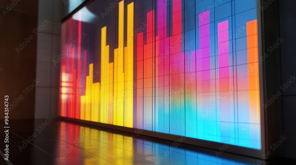 Fototapeta premium Abstract bar graph in bright colors, indicating the progression of business development, on a digital display.