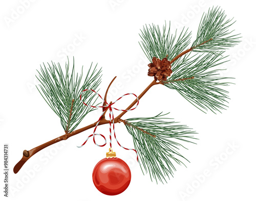 Realistic pine branch with cones and a red Christmas ornament, tied with a candy cane ribbon, perfect for holiday and winter-themed designs. Vector illustration.