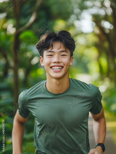 Smiling Young Asian Man Jogging in a Lush Park