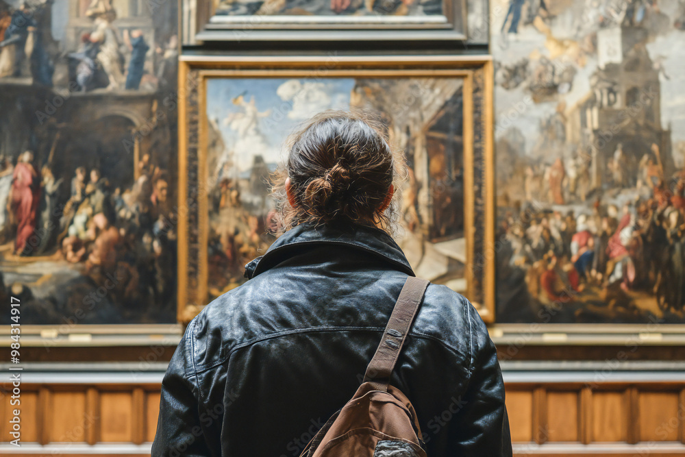 person looking at paintings in an old museum art gallery person looking at paintings in an old museum art gallery