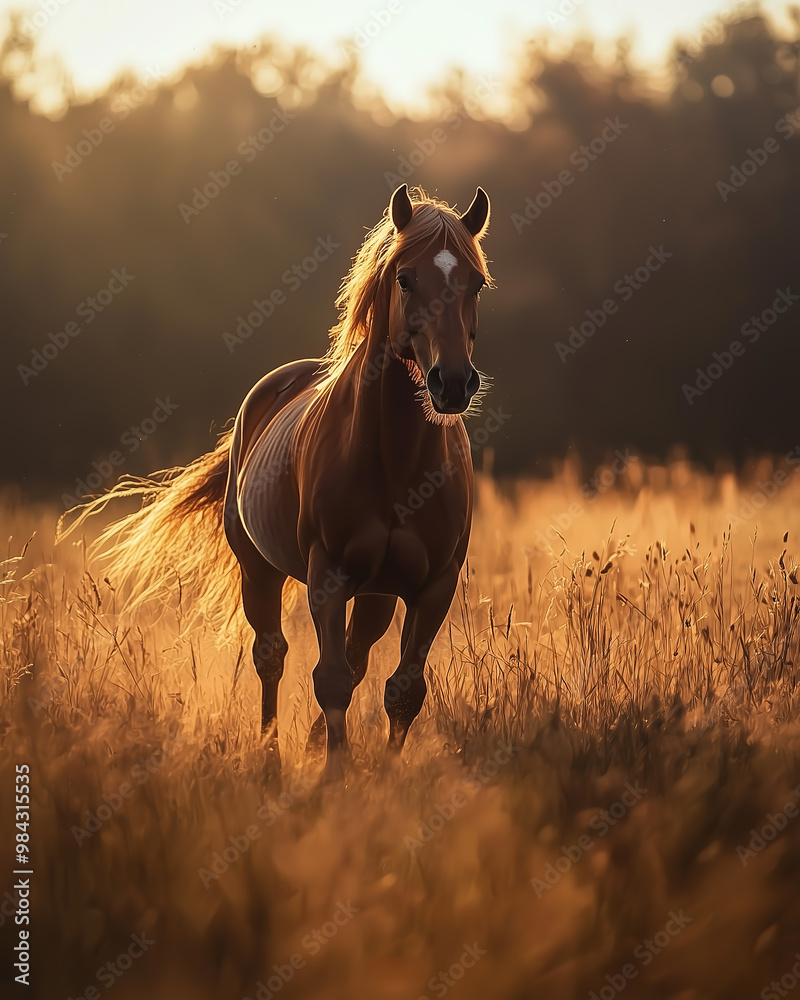 majestic horse in mid-stride, enveloped by a warm, golden ambiance that suggests it is either dawn or dusk majestic horse in mid-stride, enveloped by a warm, golden ambiance that suggests it is either dawn or dusk