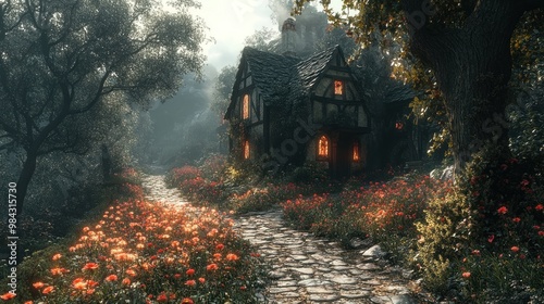 Enchanted cottage surrounded by vibrant flowers and trees. photo