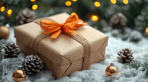 Christmas Gift Box, Fir Branches And Pine cones, On Snow With Christmas Lights