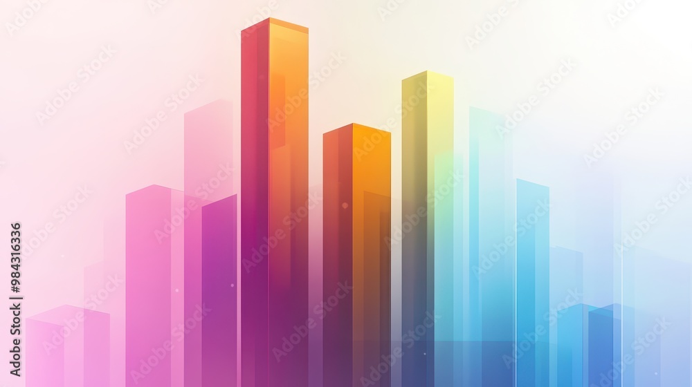 Abstract, colorful bar graph illustrating growth, each bar rising higher, on a white background with subtle gradients. Abstract, colorful bar graph illustrating growth, each bar rising higher, on a white background with subtle gradients.