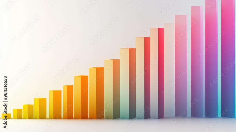 Abstract, colorful bar graph illustrating growth, each bar rising higher, on a white background with subtle gradients. Abstract, colorful bar graph illustrating growth, each bar rising higher, on a white background with subtle gradients.
