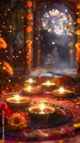 Diwali Diyas and Marigold Flowers with Festive Sparkles