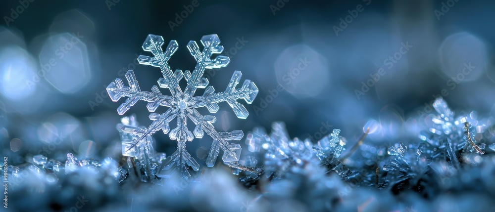 Intricate Snowflake on Shimmering Ice Surface Intricate Snowflake on Shimmering Ice Surface