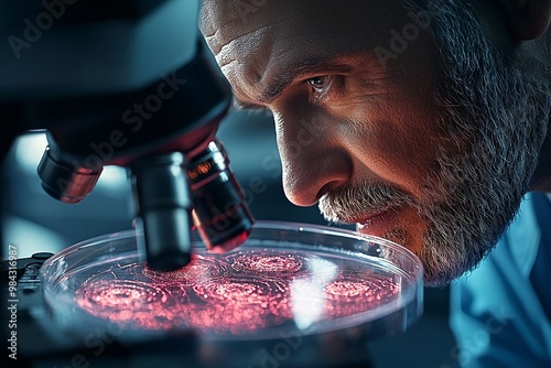 A researcher analyzing a petri dish with bioengineered cells glowing under a microscope, showcasing the precision of modern biotechnological tools photo