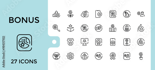 Bonus gift and discount line icons set. Lottery ticket, Earn reward and winner gift icons. Thin outline icons pack. Vector illustration