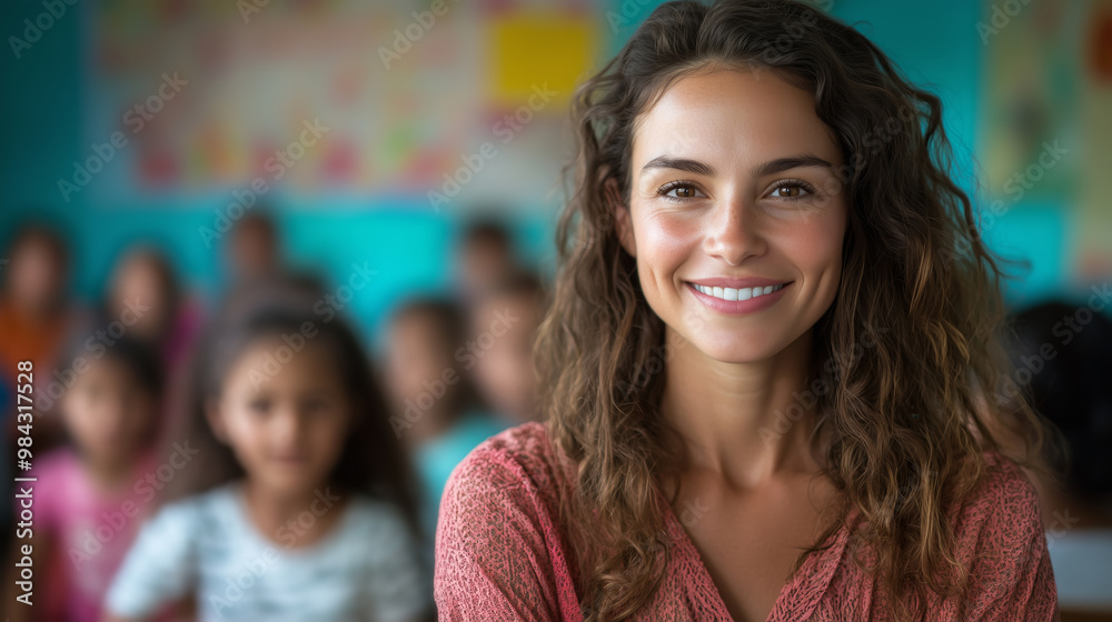 Portrait of smiling female teacher in front on classroom with kids, happy and confident looking at camera while teaching children to study Portrait of smiling female teacher in front on classroom with kids, happy and confident looking at camera while teaching children to study