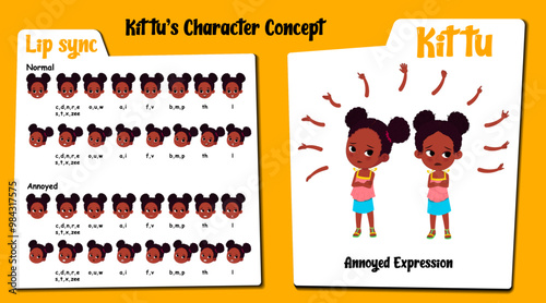 An african annoyed girl cartoon character AKA Kittu, Little girl cartoon character. Annoyed face expressions and lip sync. Set of cute boy with various hand gesture and front and 1/3 standing pose.