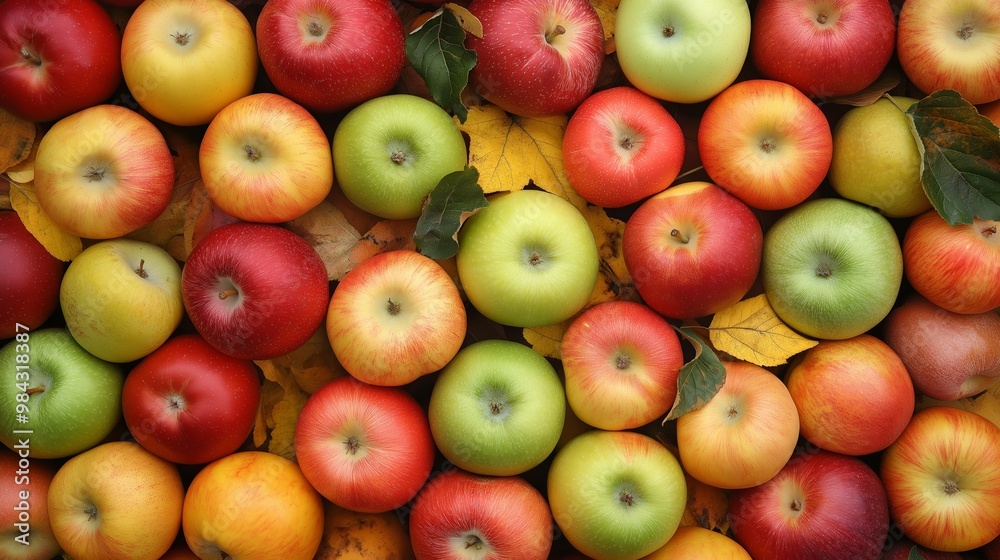 A bunch of apples are displayed in a basket. The apples are of different colors, including red, green, and yellow. The apples are arranged in a way that they are all touching each other A bunch of apples are displayed in a basket. The apples are of different colors, including red, green, and yellow. The apples are arranged in a way that they are all touching each other
