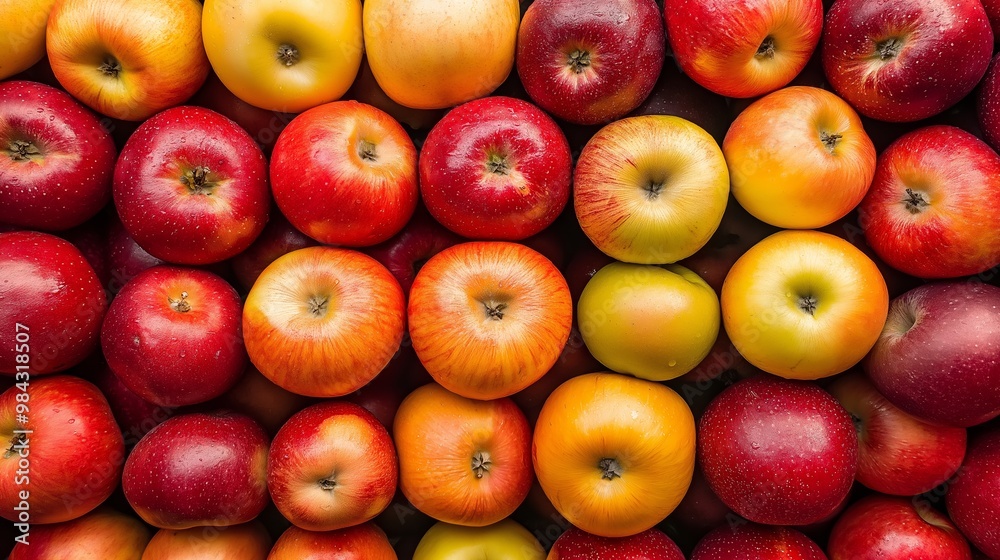 A bunch of apples in a row, some red and some yellow. The apples are piled up and appear to be fresh A bunch of apples in a row, some red and some yellow. The apples are piled up and appear to be fresh